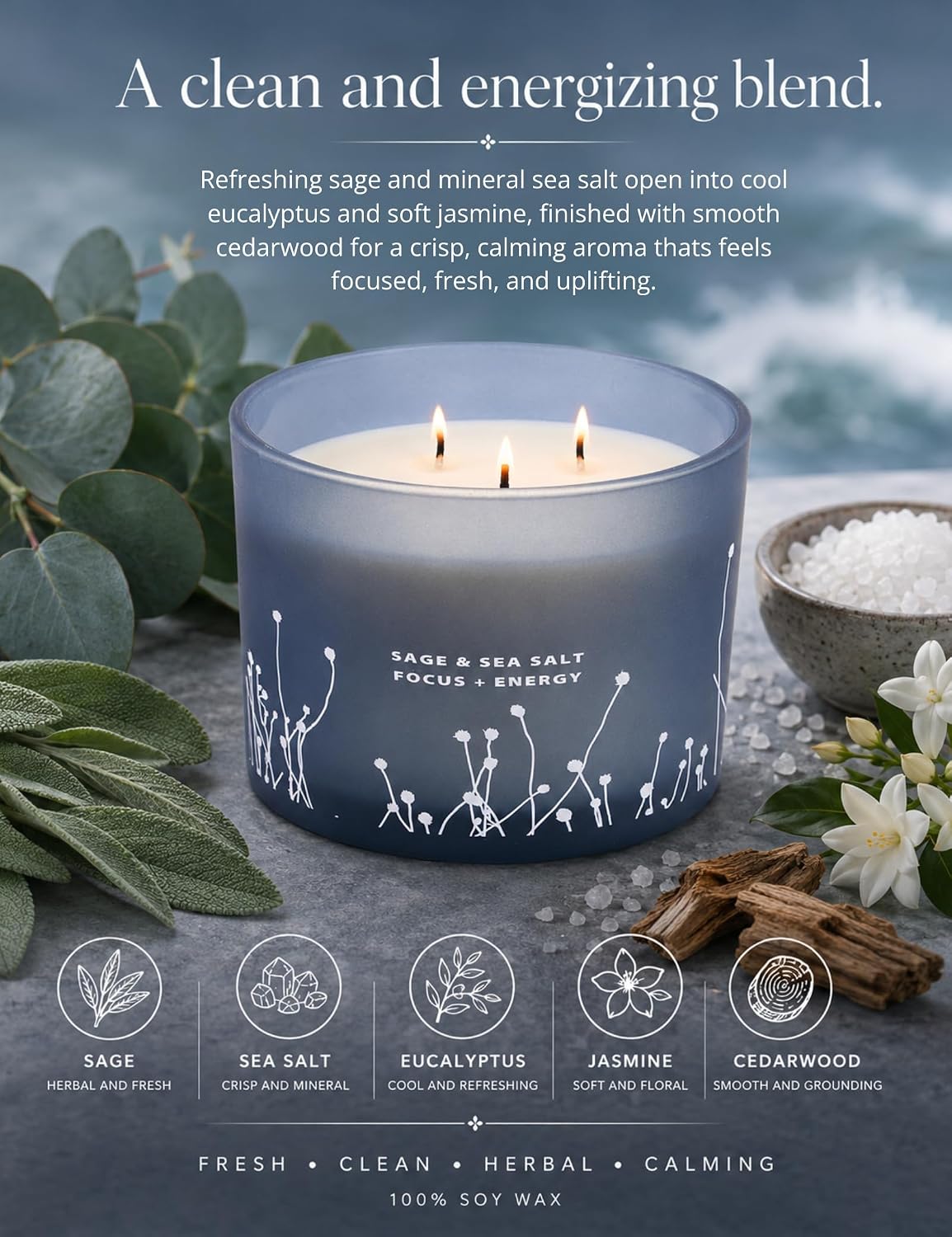 White Sage Sea Salt Wick Candle - Image 2